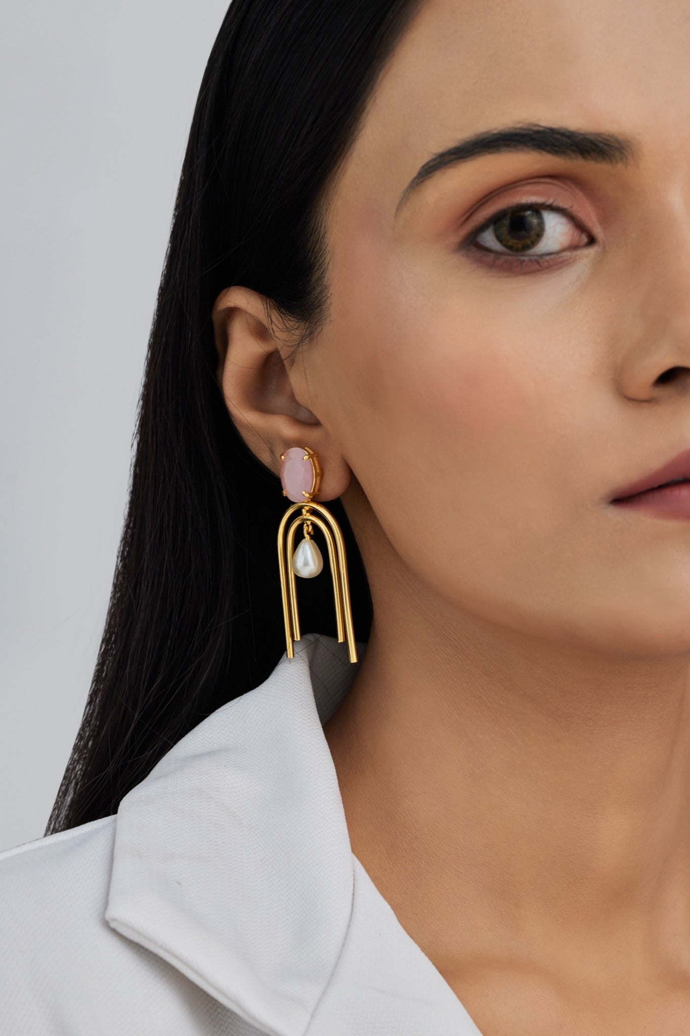 Gold Plated Rose Quartz Pearl Drop Earrings