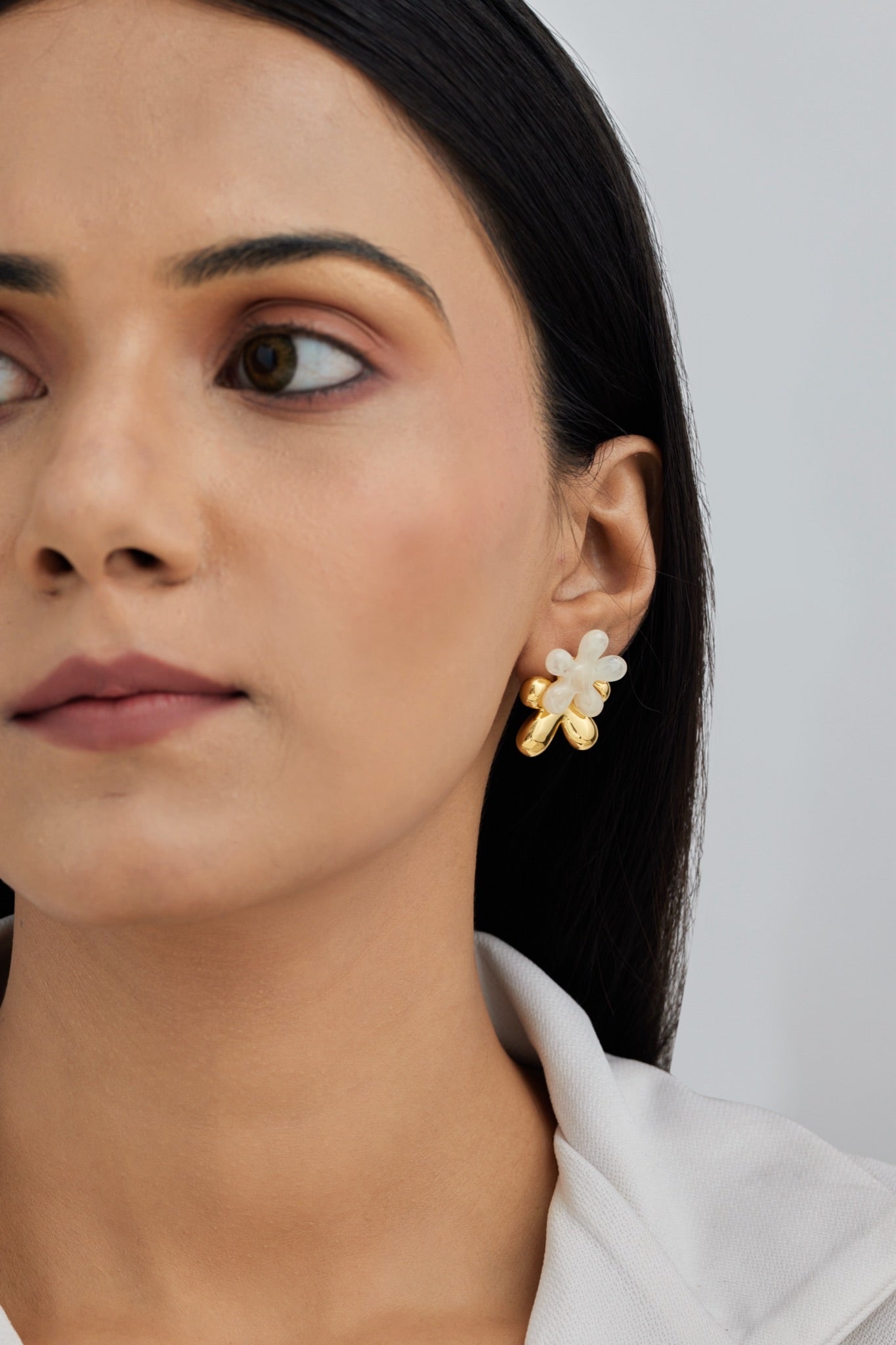 White Five Petal Flower Earrings