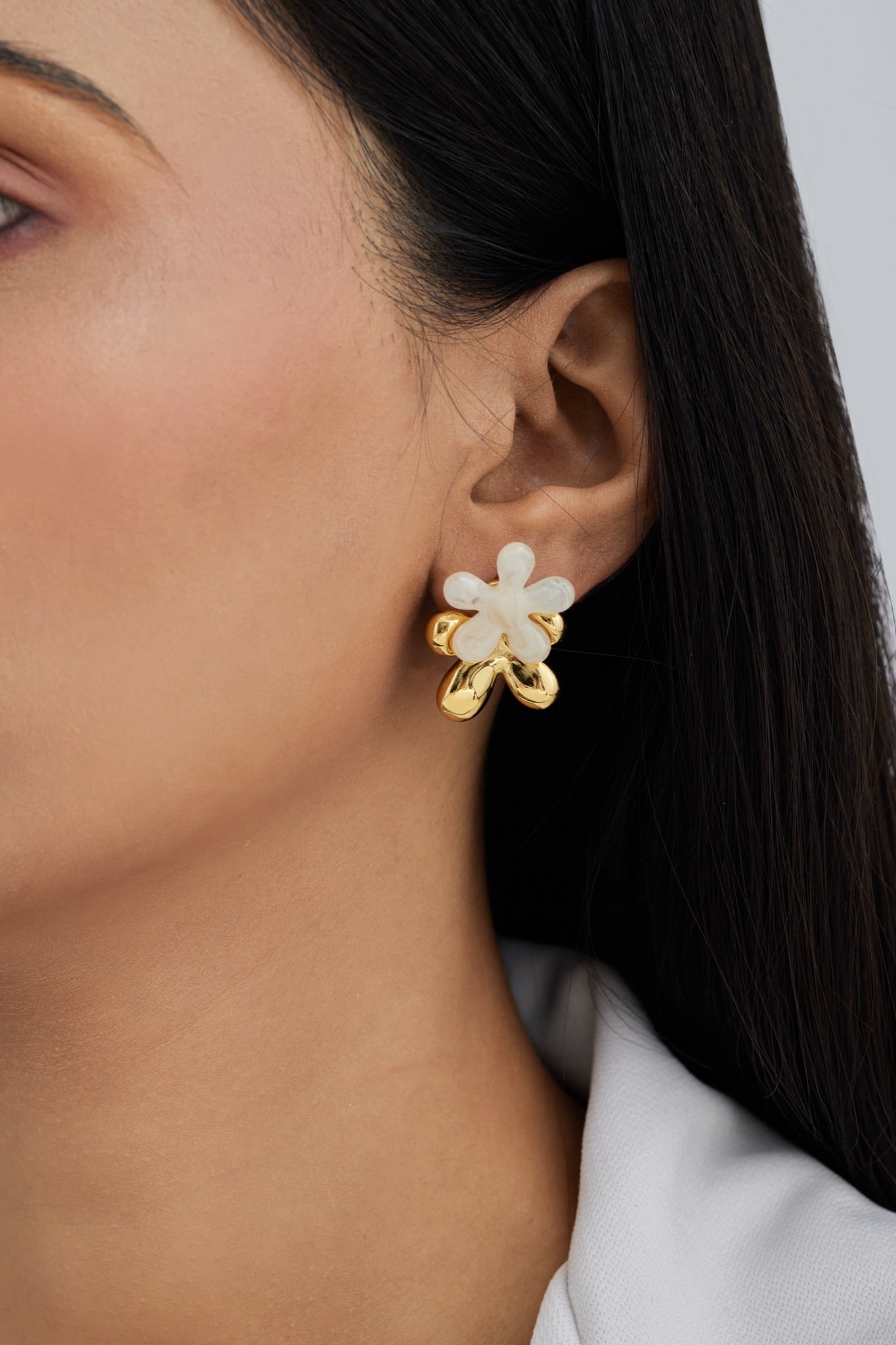 White Five Petal Flower Earrings