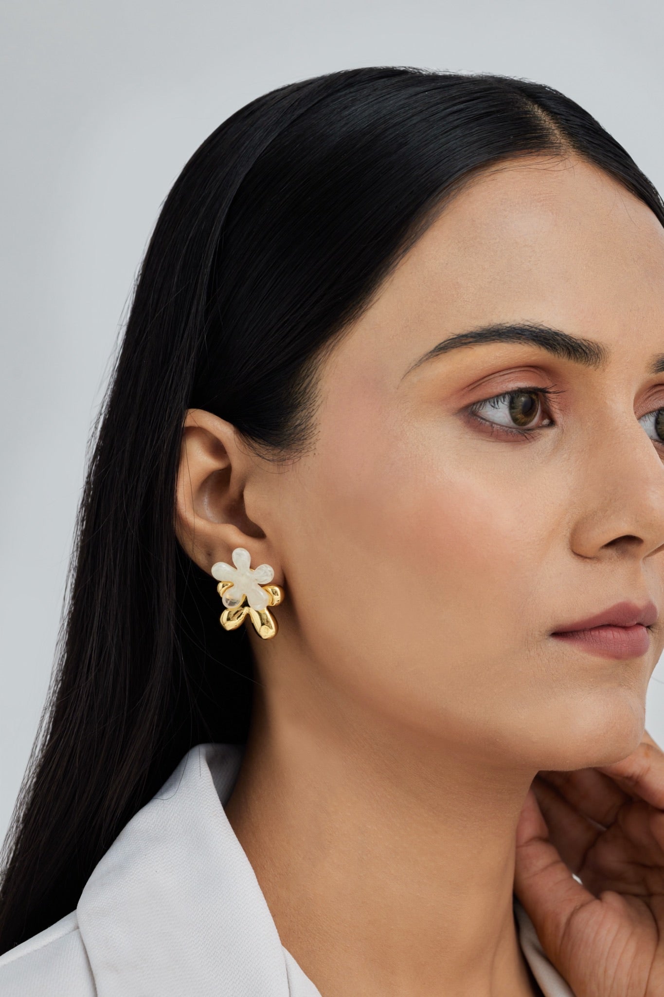 White Five Petal Flower Earrings